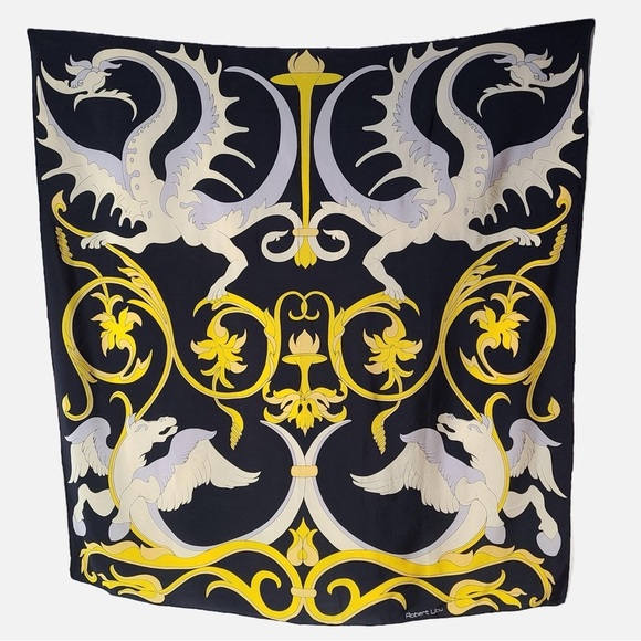 Robert Ubu Accessories - Robert Ubu Luxury Womens Vintage Blue Yellow Silver Silk Scarf Hand Rolled Edges